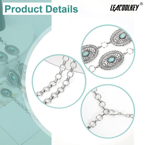 4723 Women Turquoise Concho Chain Waist Belt Silver Western Cowgirl Metal Boho - Picture 2 of 6